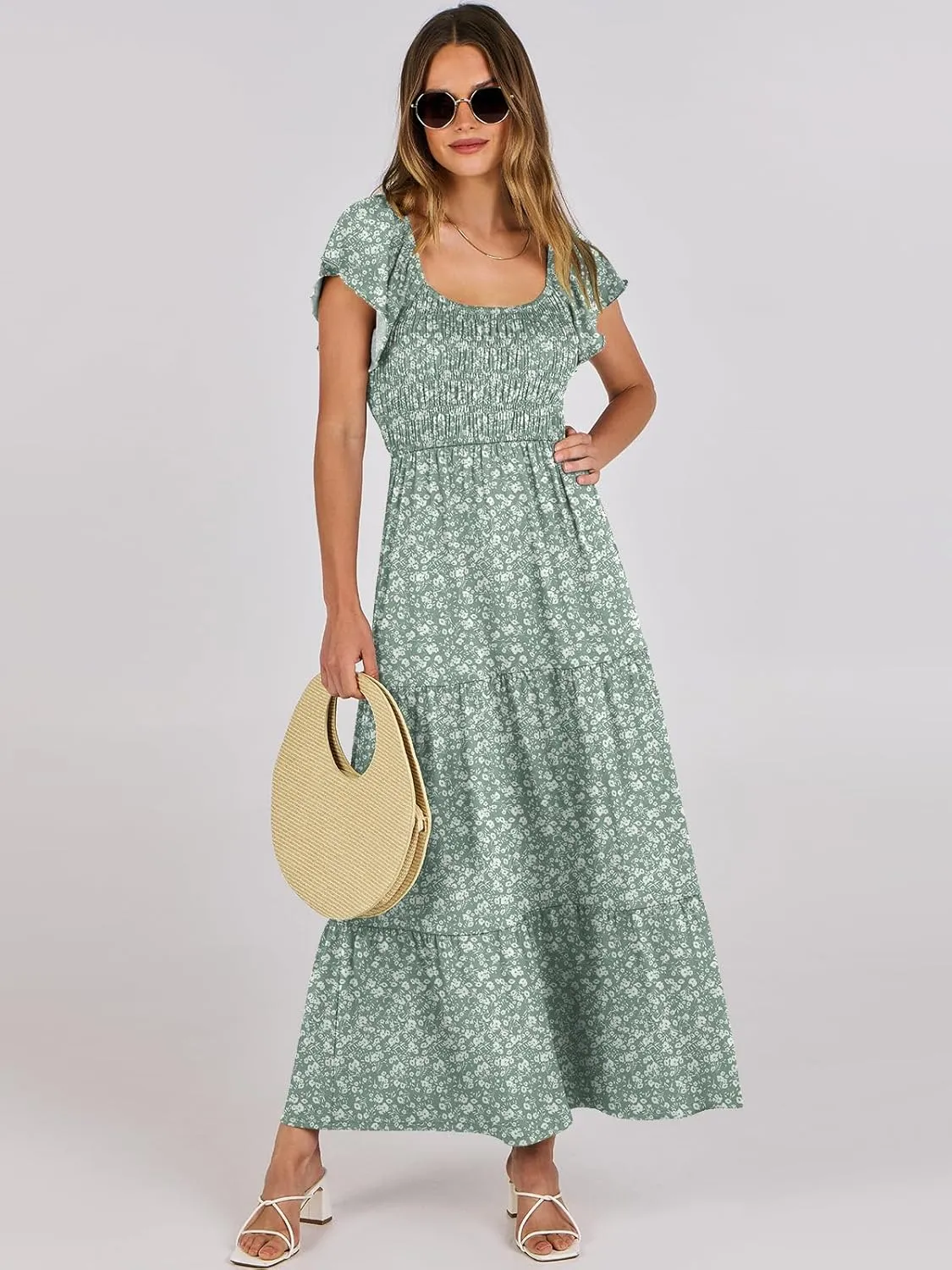 ANRABESS Women’s Casual Summer Maxi Dress Flutter Short Sleeve Scoop Neck Smocked A Line Flowy Beach Vacation Long Dresses