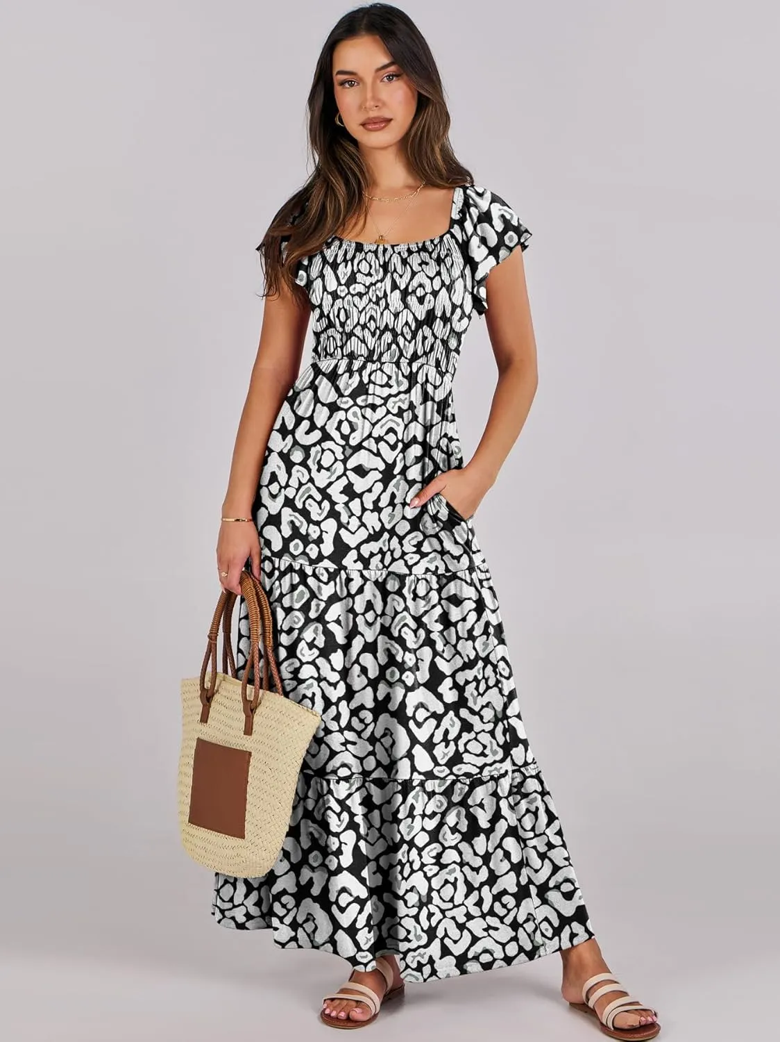 ANRABESS Women’s Casual Summer Maxi Dress Flutter Short Sleeve Scoop Neck Smocked A Line Flowy Beach Vacation Long Dresses