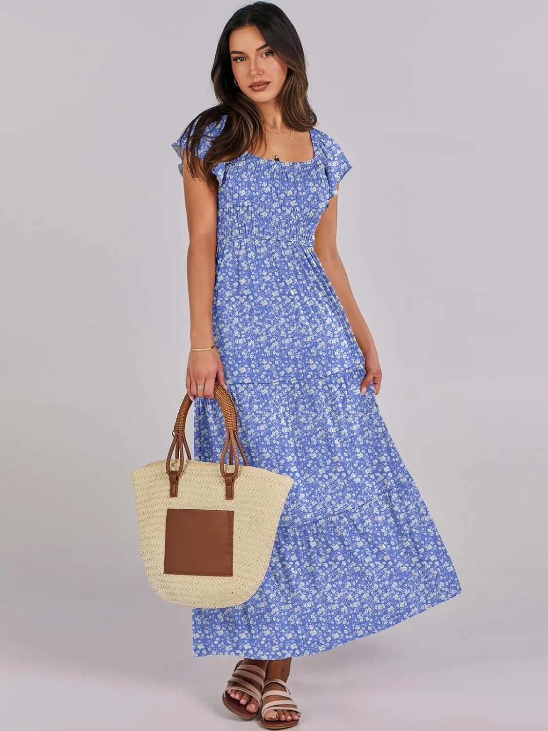 ANRABESS Women’s Casual Summer Maxi Dress Flutter Short Sleeve Scoop Neck Smocked A Line Flowy Beach Vacation Long Dresses