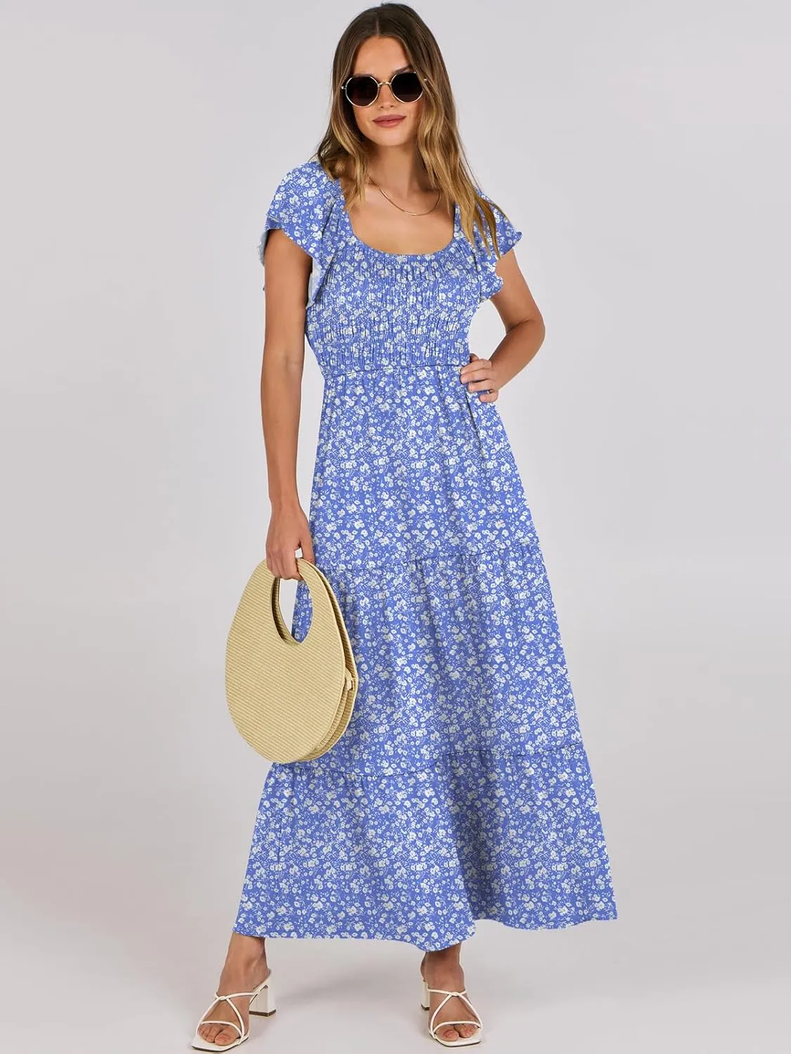 ANRABESS Women’s Casual Summer Maxi Dress Flutter Short Sleeve Scoop Neck Smocked A Line Flowy Beach Vacation Long Dresses