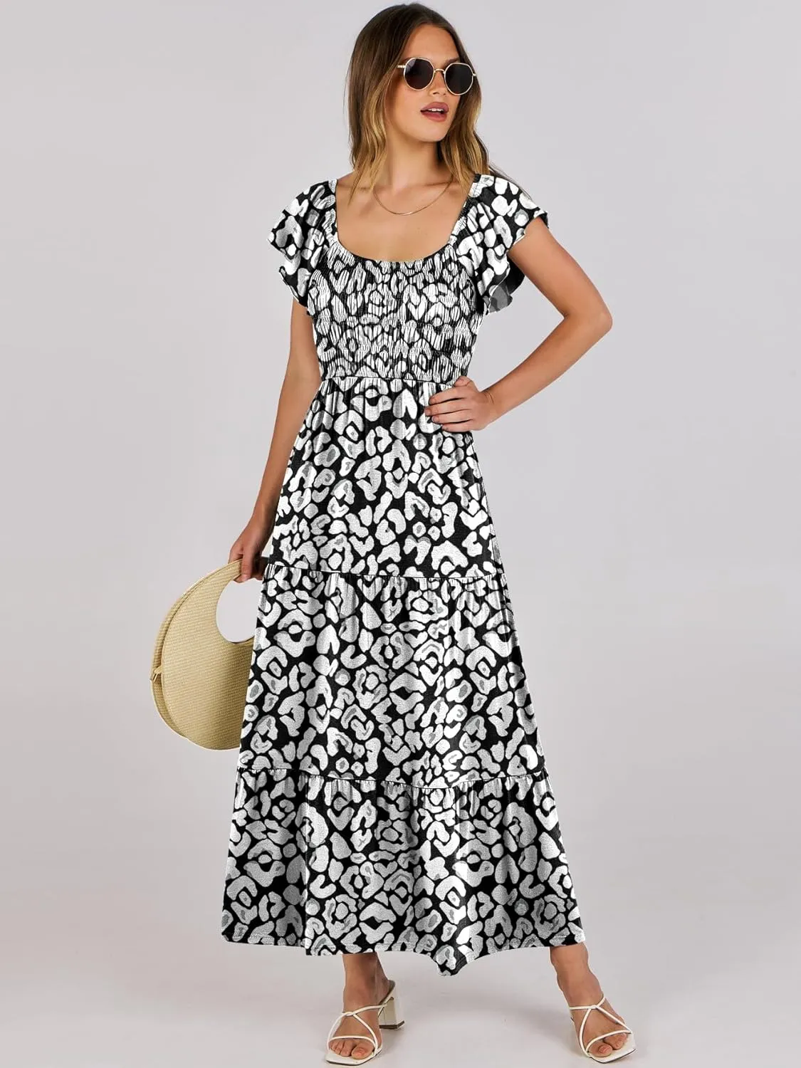 ANRABESS Women’s Casual Summer Maxi Dress Flutter Short Sleeve Scoop Neck Smocked A Line Flowy Beach Vacation Long Dresses