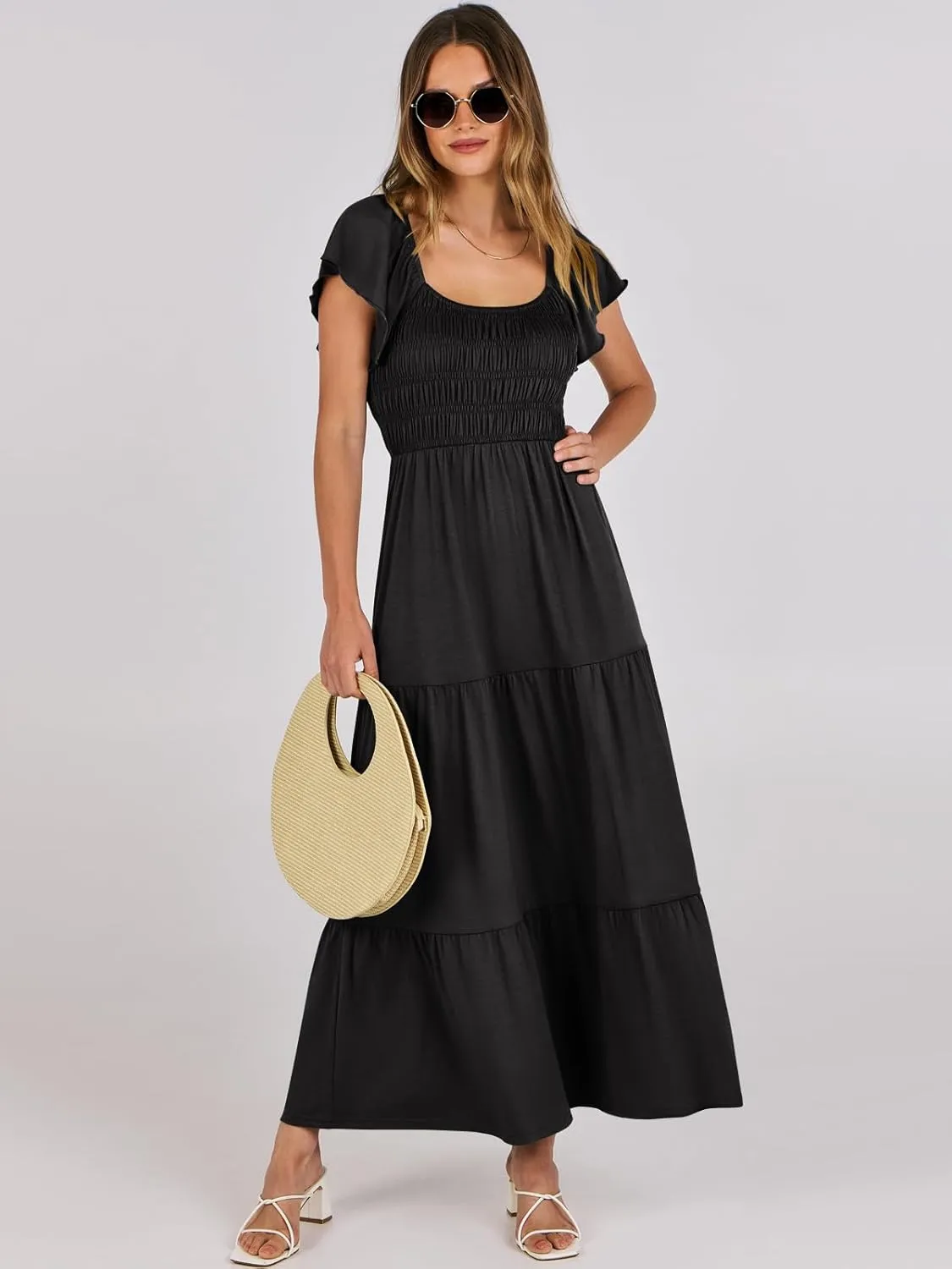 ANRABESS Women’s Casual Summer Maxi Dress Flutter Short Sleeve Scoop Neck Smocked A Line Flowy Beach Vacation Long Dresses