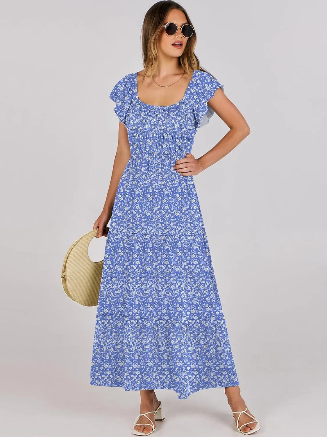 ANRABESS Women’s Casual Summer Maxi Dress Flutter Short Sleeve Scoop Neck Smocked A Line Flowy Beach Vacation Long Dresses
