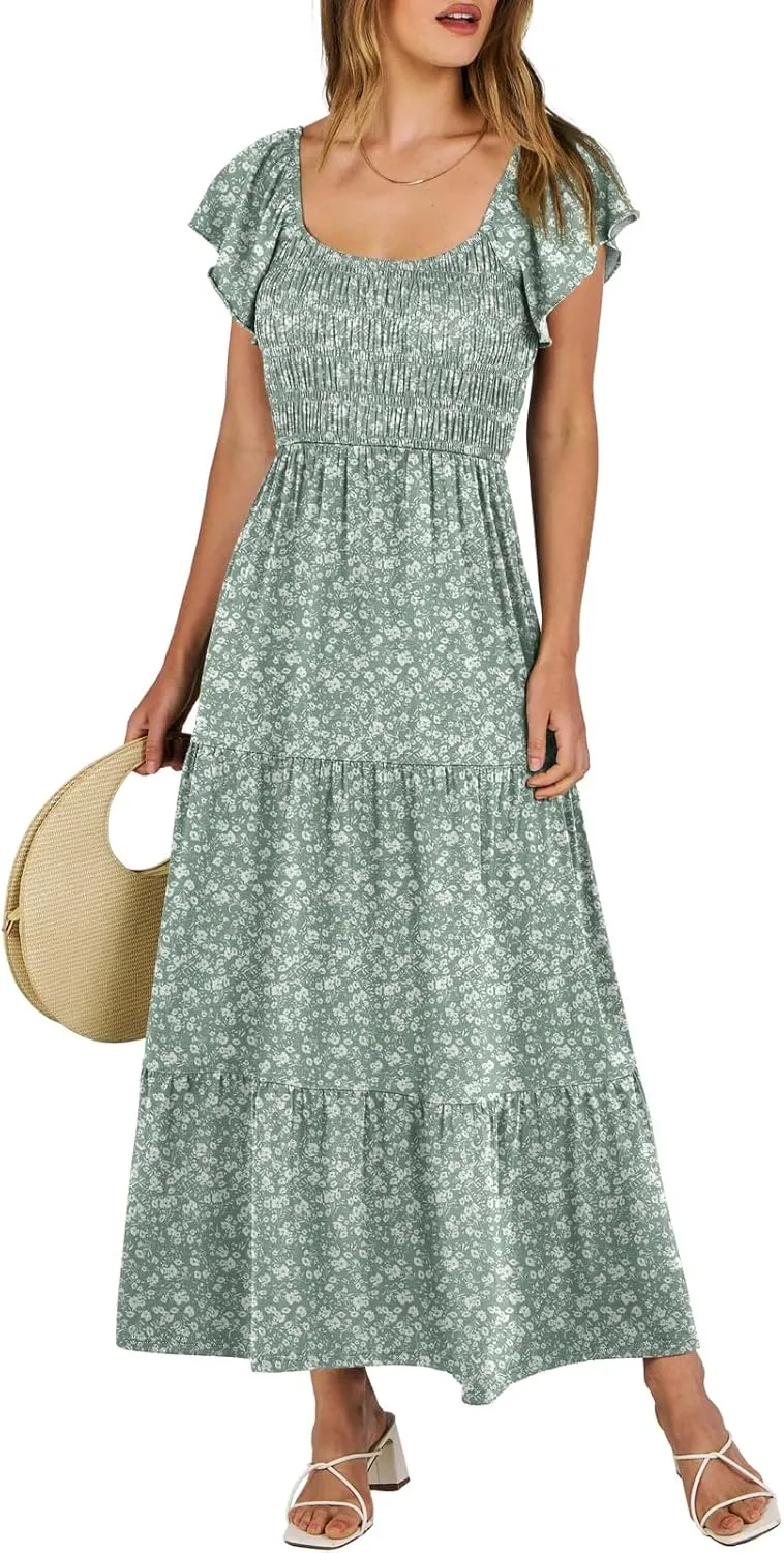 ANRABESS Women’s Casual Summer Maxi Dress Flutter Short Sleeve Scoop Neck Smocked A Line Flowy Beach Vacation Long Dresses