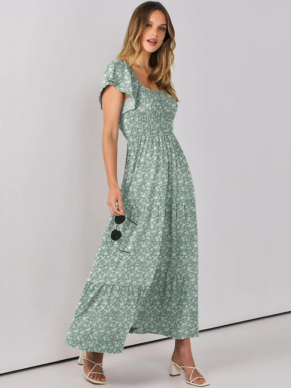 ANRABESS Women’s Casual Summer Maxi Dress Flutter Short Sleeve Scoop Neck Smocked A Line Flowy Beach Vacation Long Dresses
