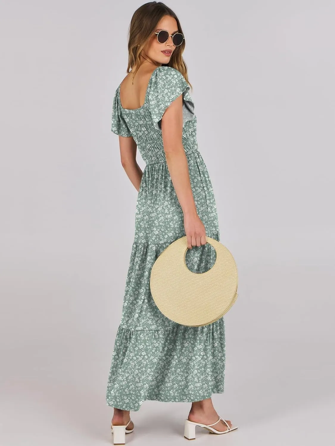 ANRABESS Women’s Casual Summer Maxi Dress Flutter Short Sleeve Scoop Neck Smocked A Line Flowy Beach Vacation Long Dresses