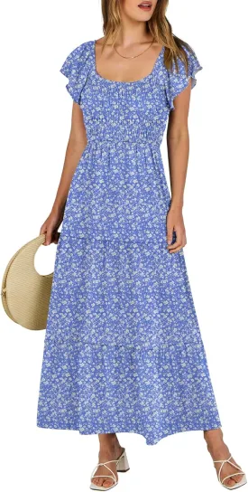 ANRABESS Women’s Casual Summer Maxi Dress Flutter Short Sleeve Scoop Neck Smocked A Line Flowy Beach Vacation Long Dresses