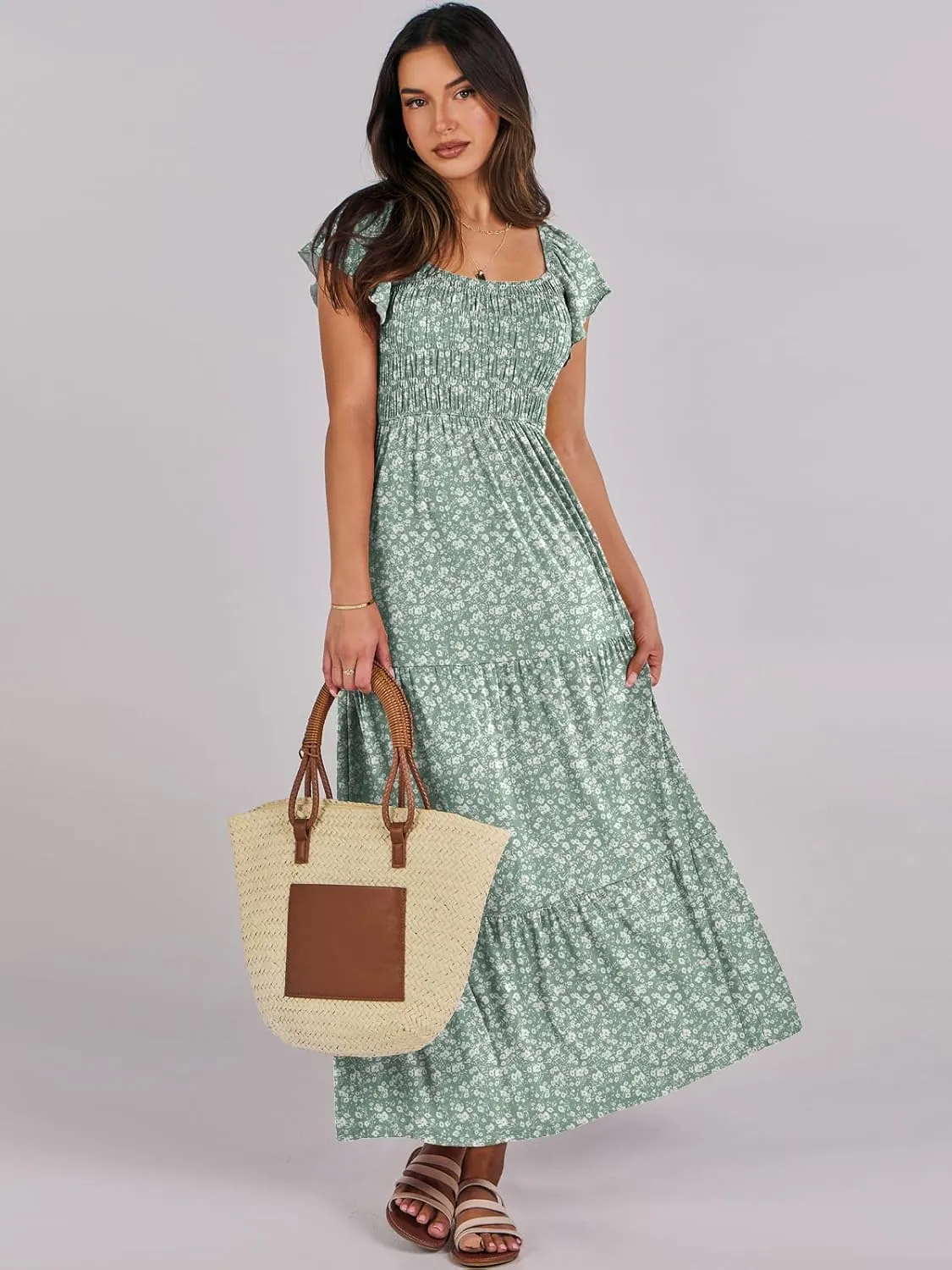 ANRABESS Women’s Casual Summer Maxi Dress Flutter Short Sleeve Scoop Neck Smocked A Line Flowy Beach Vacation Long Dresses
