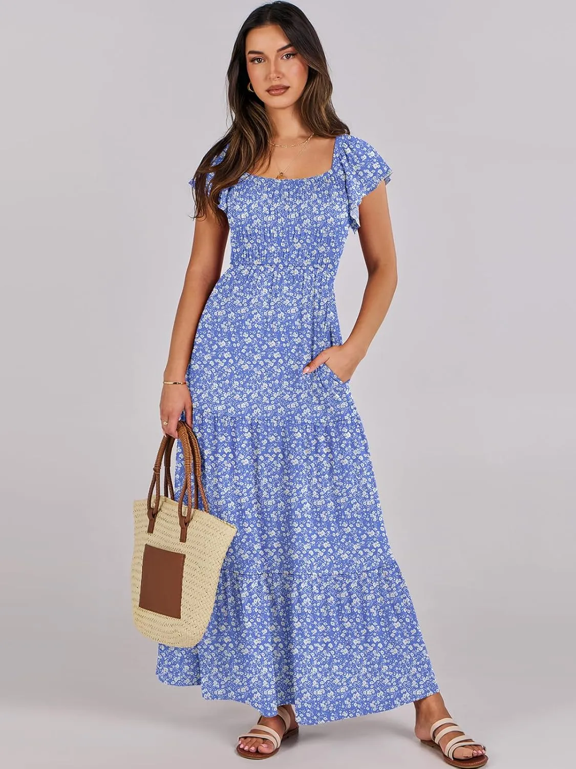 ANRABESS Women’s Casual Summer Maxi Dress Flutter Short Sleeve Scoop Neck Smocked A Line Flowy Beach Vacation Long Dresses