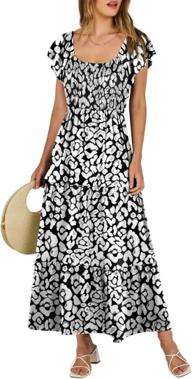 ANRABESS Women’s Casual Summer Maxi Dress Flutter Short Sleeve Scoop Neck Smocked A Line Flowy Beach Vacation Long Dresses