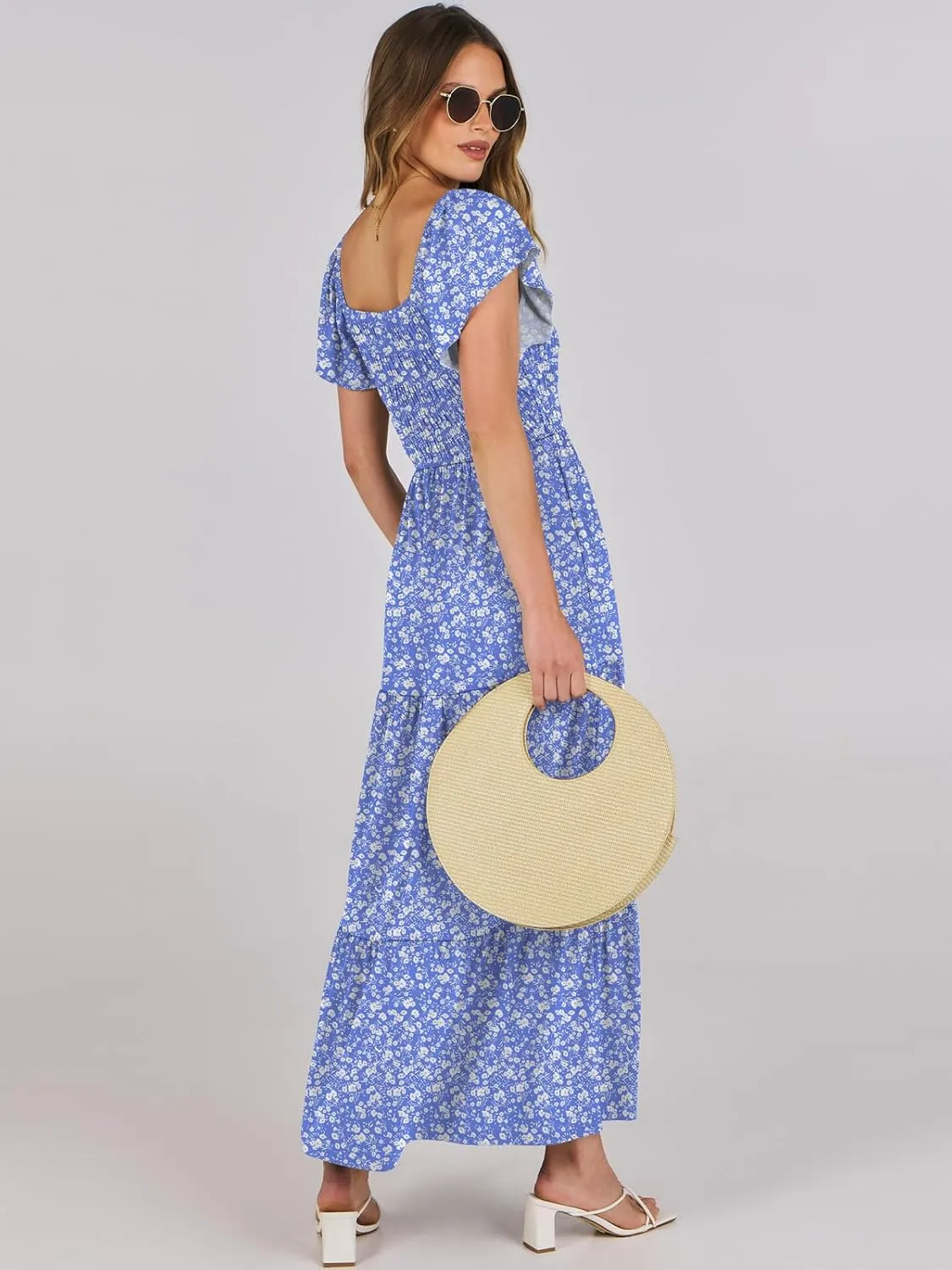 ANRABESS Women’s Casual Summer Maxi Dress Flutter Short Sleeve Scoop Neck Smocked A Line Flowy Beach Vacation Long Dresses