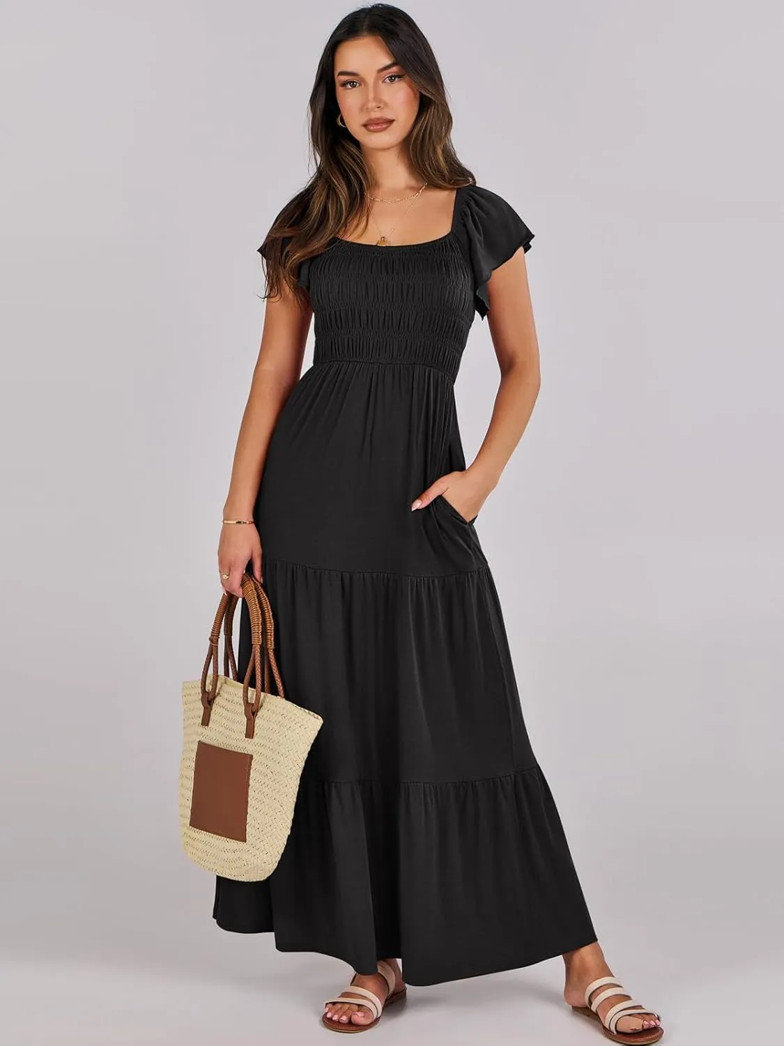 ANRABESS Women’s Casual Summer Maxi Dress Flutter Short Sleeve Scoop Neck Smocked A Line Flowy Beach Vacation Long Dresses