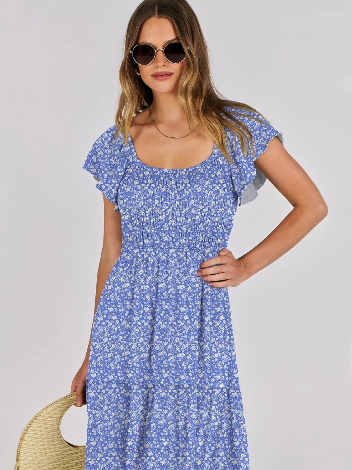 ANRABESS Women’s Casual Summer Maxi Dress Flutter Short Sleeve Scoop Neck Smocked A Line Flowy Beach Vacation Long Dresses