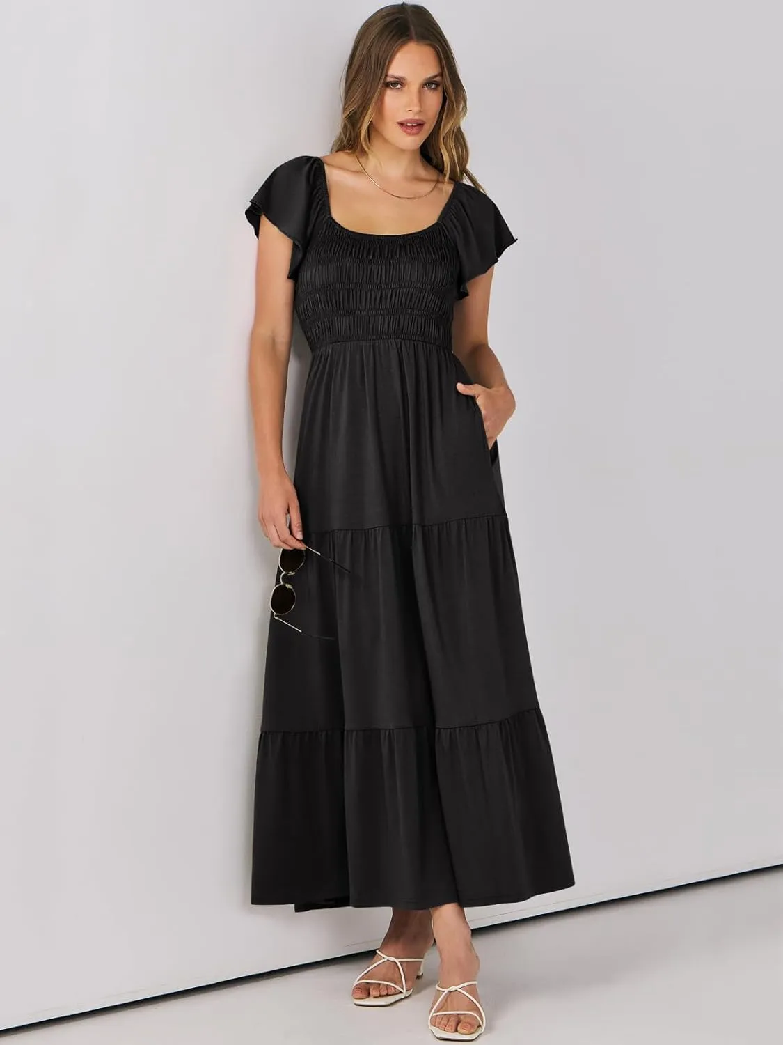 ANRABESS Women’s Casual Summer Maxi Dress Flutter Short Sleeve Scoop Neck Smocked A Line Flowy Beach Vacation Long Dresses