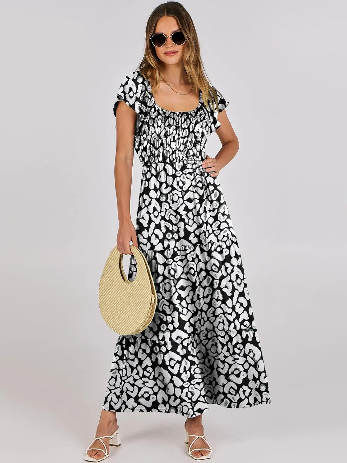 ANRABESS Women’s Casual Summer Maxi Dress Flutter Short Sleeve Scoop Neck Smocked A Line Flowy Beach Vacation Long Dresses