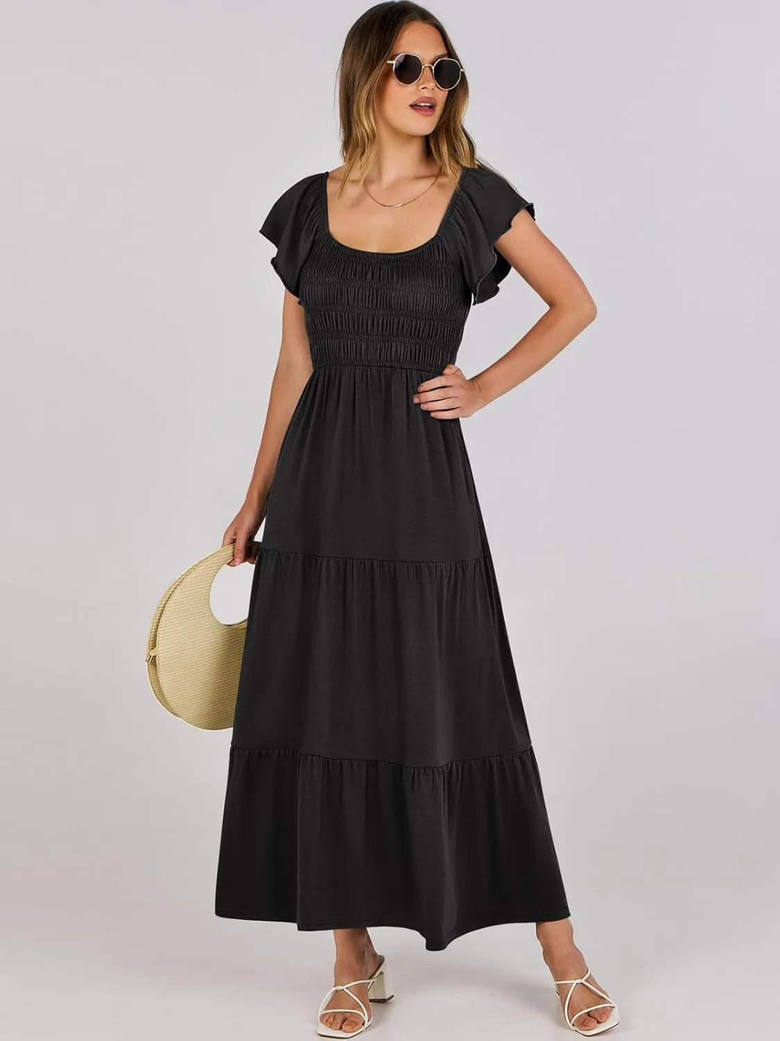 ANRABESS Women’s Casual Summer Maxi Dress Flutter Short Sleeve Scoop Neck Smocked A Line Flowy Beach Vacation Long Dresses