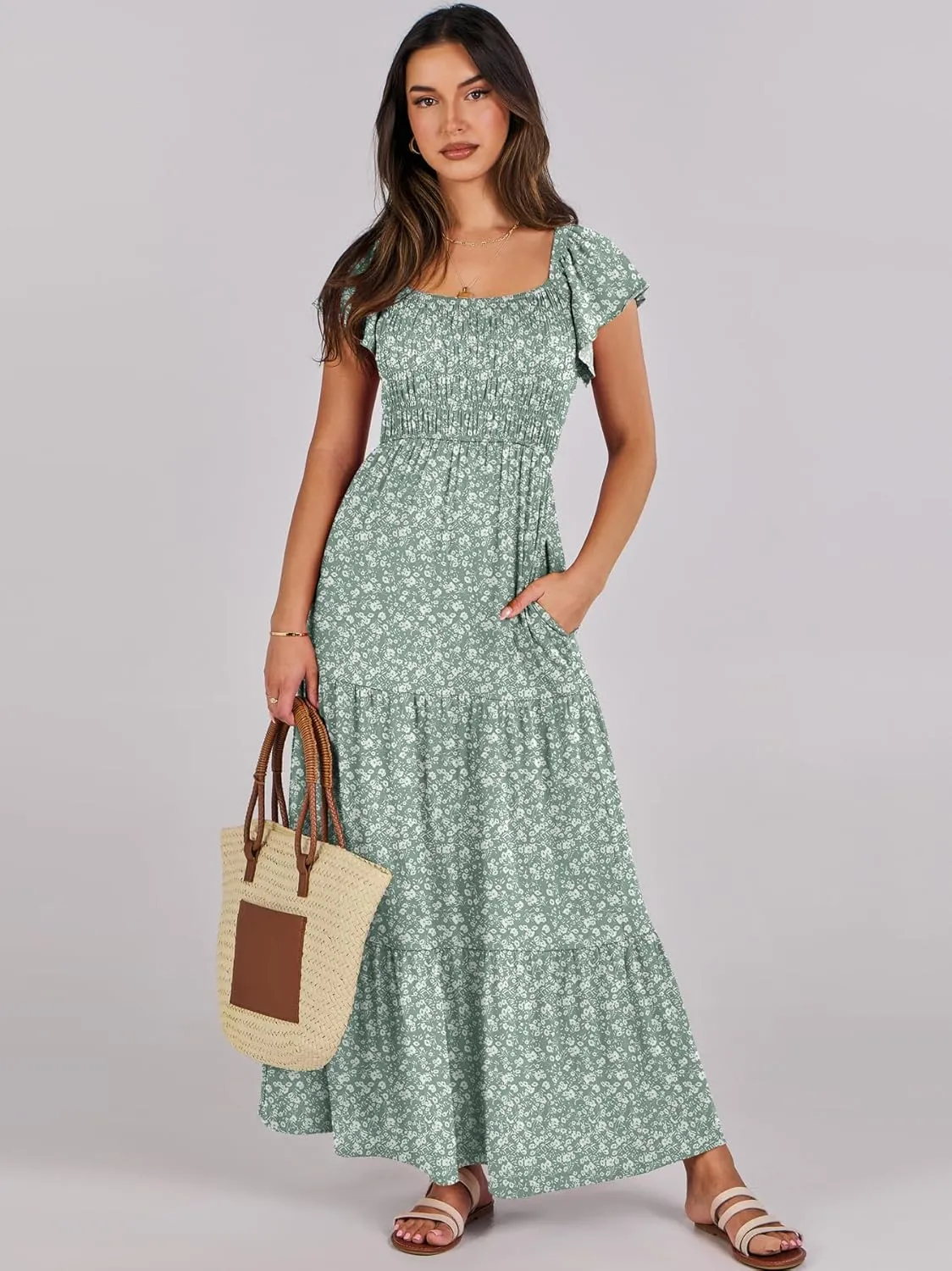 ANRABESS Women’s Casual Summer Maxi Dress Flutter Short Sleeve Scoop Neck Smocked A Line Flowy Beach Vacation Long Dresses