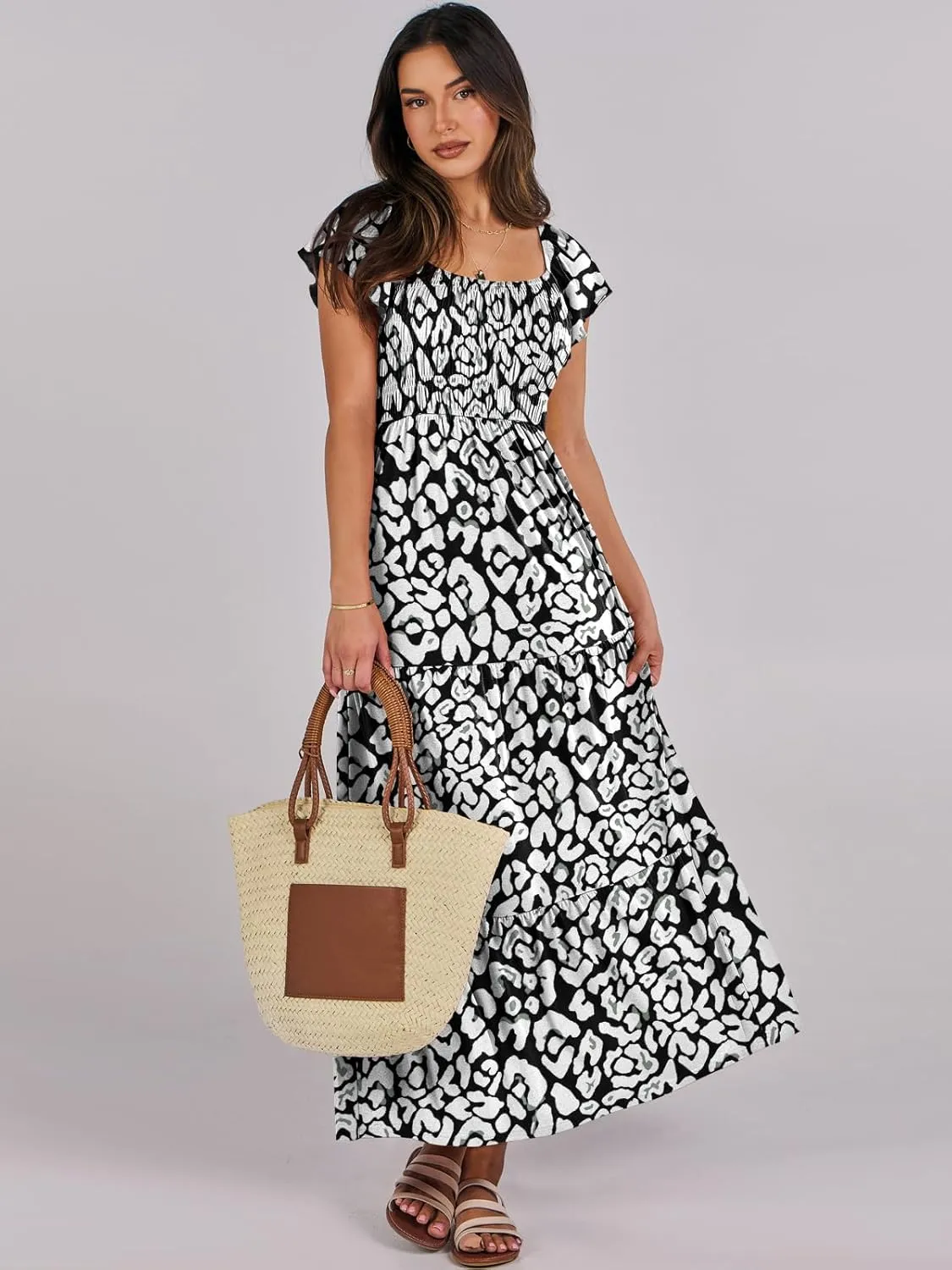 ANRABESS Women’s Casual Summer Maxi Dress Flutter Short Sleeve Scoop Neck Smocked A Line Flowy Beach Vacation Long Dresses