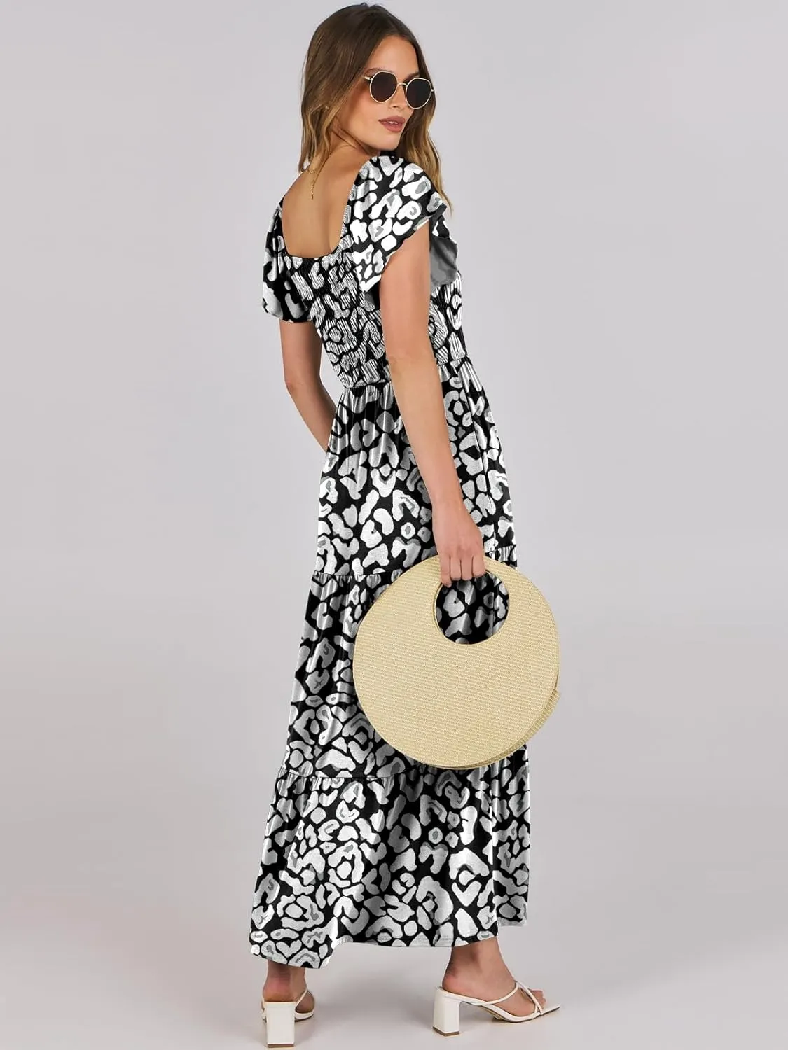 ANRABESS Women’s Casual Summer Maxi Dress Flutter Short Sleeve Scoop Neck Smocked A Line Flowy Beach Vacation Long Dresses