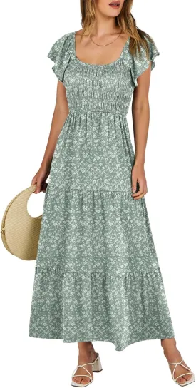 ANRABESS Women’s Casual Summer Maxi Dress Flutter Short Sleeve Scoop Neck Smocked A Line Flowy Beach Vacation Long Dresses