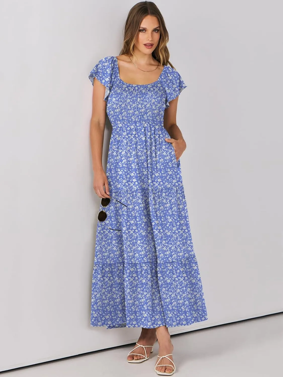ANRABESS Women’s Casual Summer Maxi Dress Flutter Short Sleeve Scoop Neck Smocked A Line Flowy Beach Vacation Long Dresses