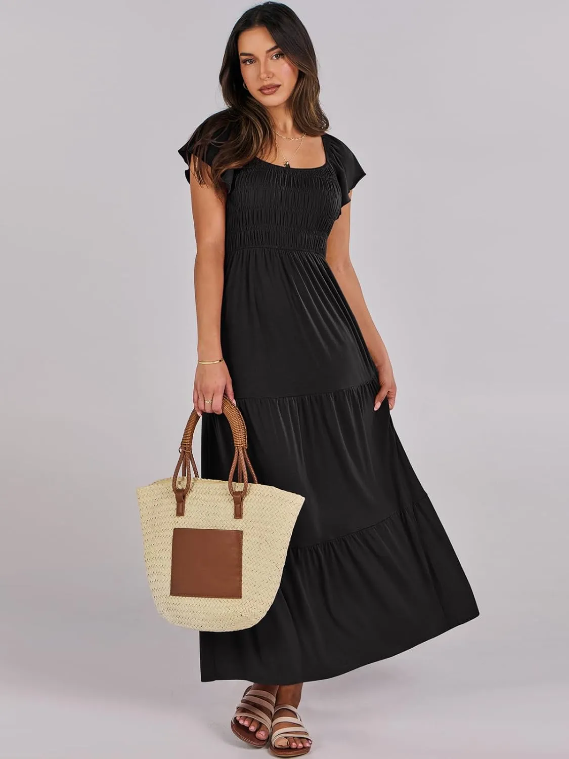 ANRABESS Women’s Casual Summer Maxi Dress Flutter Short Sleeve Scoop Neck Smocked A Line Flowy Beach Vacation Long Dresses