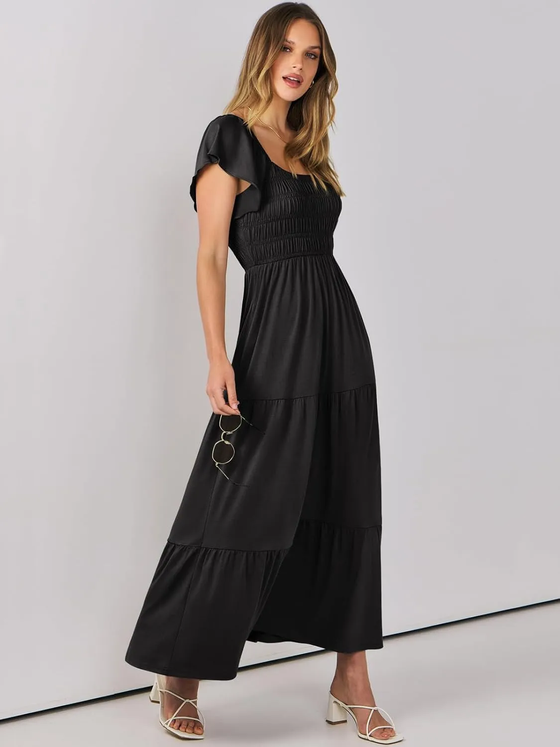 ANRABESS Women’s Casual Summer Maxi Dress Flutter Short Sleeve Scoop Neck Smocked A Line Flowy Beach Vacation Long Dresses