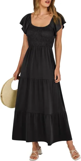 ANRABESS Women’s Casual Summer Maxi Dress Flutter Short Sleeve Scoop Neck Smocked A Line Flowy Beach Vacation Long Dresses