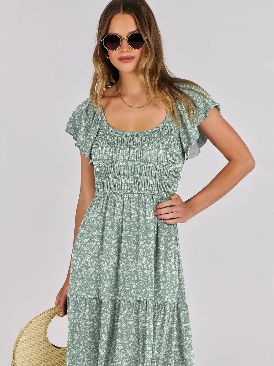 ANRABESS Women’s Casual Summer Maxi Dress Flutter Short Sleeve Scoop Neck Smocked A Line Flowy Beach Vacation Long Dresses