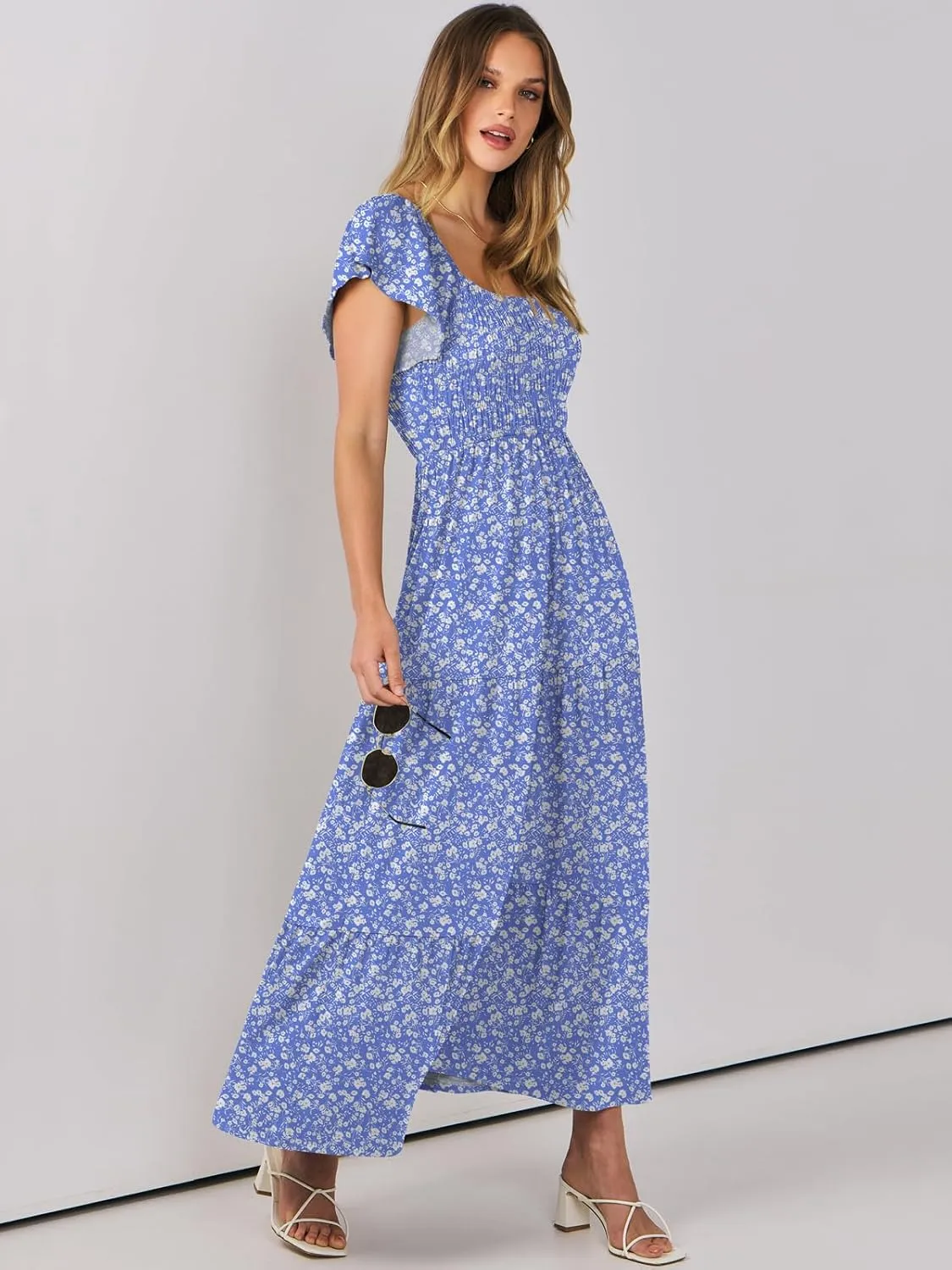 ANRABESS Women’s Casual Summer Maxi Dress Flutter Short Sleeve Scoop Neck Smocked A Line Flowy Beach Vacation Long Dresses