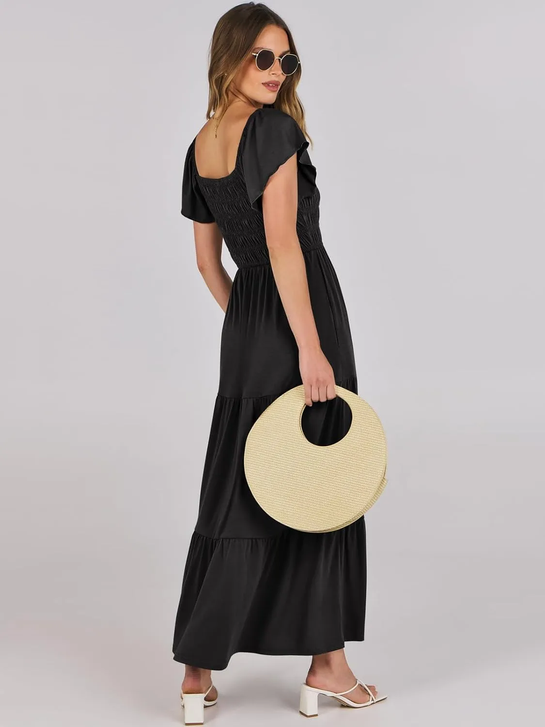 ANRABESS Women’s Casual Summer Maxi Dress Flutter Short Sleeve Scoop Neck Smocked A Line Flowy Beach Vacation Long Dresses