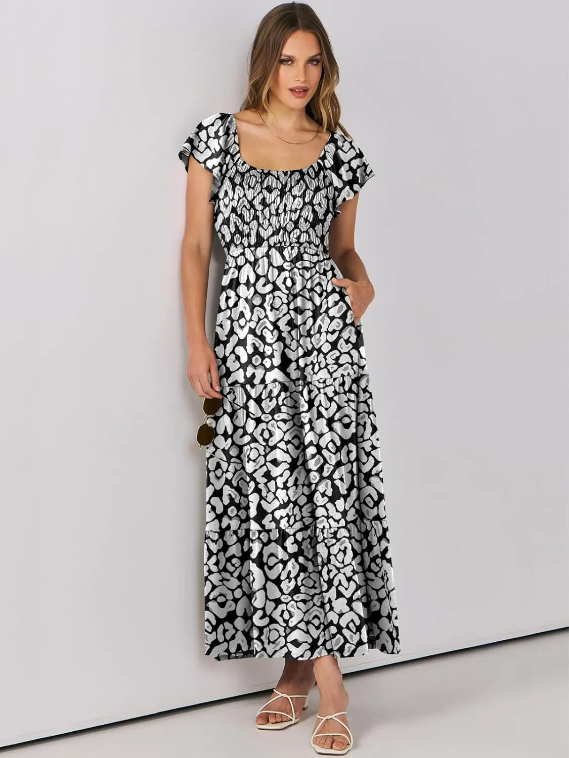 ANRABESS Women’s Casual Summer Maxi Dress Flutter Short Sleeve Scoop Neck Smocked A Line Flowy Beach Vacation Long Dresses