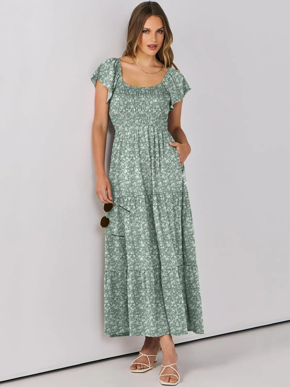 ANRABESS Women’s Casual Summer Maxi Dress Flutter Short Sleeve Scoop Neck Smocked A Line Flowy Beach Vacation Long Dresses