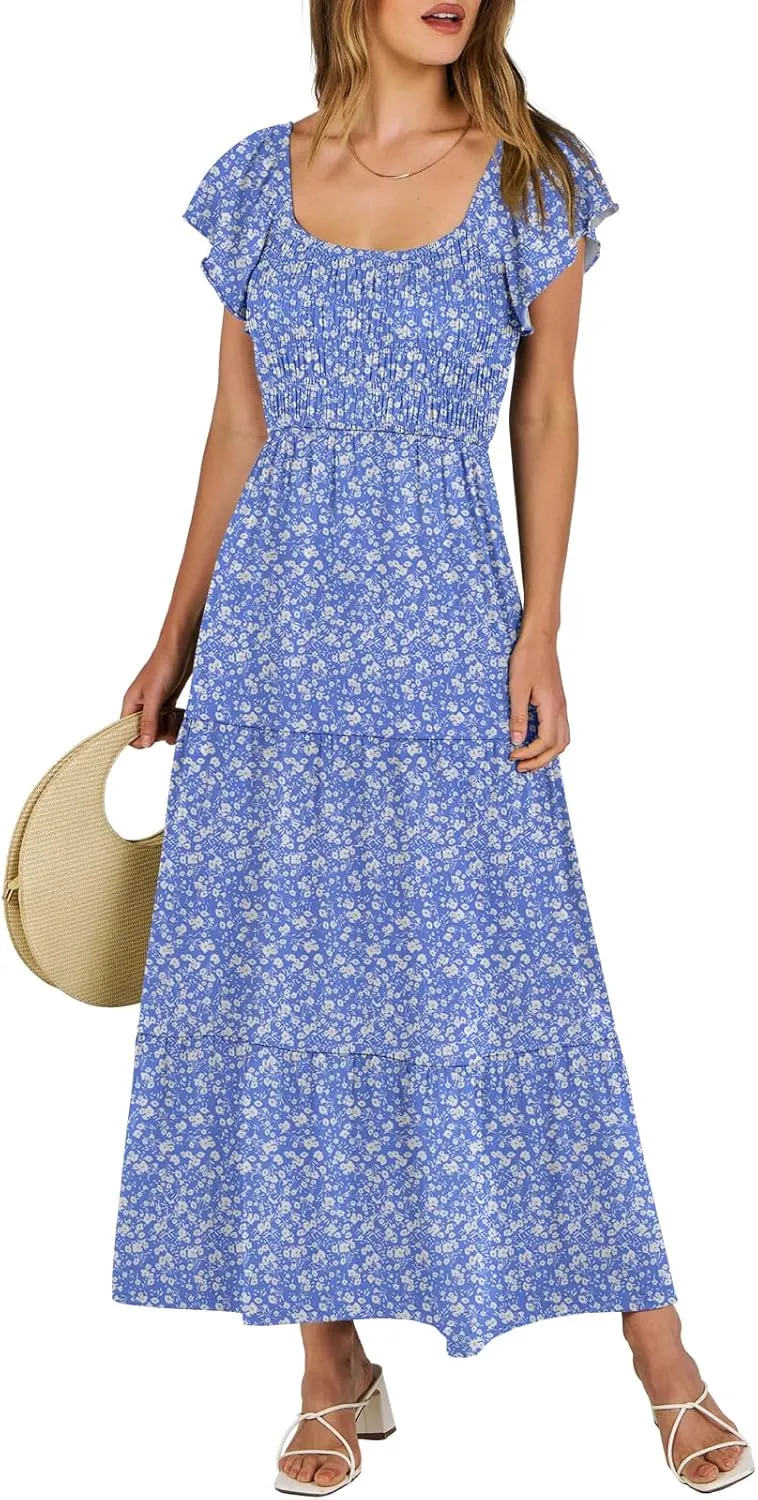 ANRABESS Women’s Casual Summer Maxi Dress Flutter Short Sleeve Scoop Neck Smocked A Line Flowy Beach Vacation Long Dresses