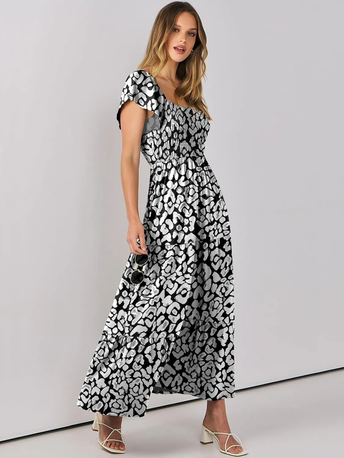 ANRABESS Women’s Casual Summer Maxi Dress Flutter Short Sleeve Scoop Neck Smocked A Line Flowy Beach Vacation Long Dresses