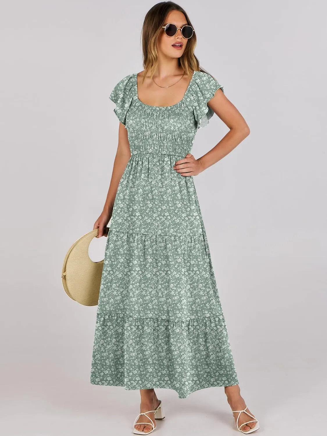 ANRABESS Women’s Casual Summer Maxi Dress Flutter Short Sleeve Scoop Neck Smocked A Line Flowy Beach Vacation Long Dresses