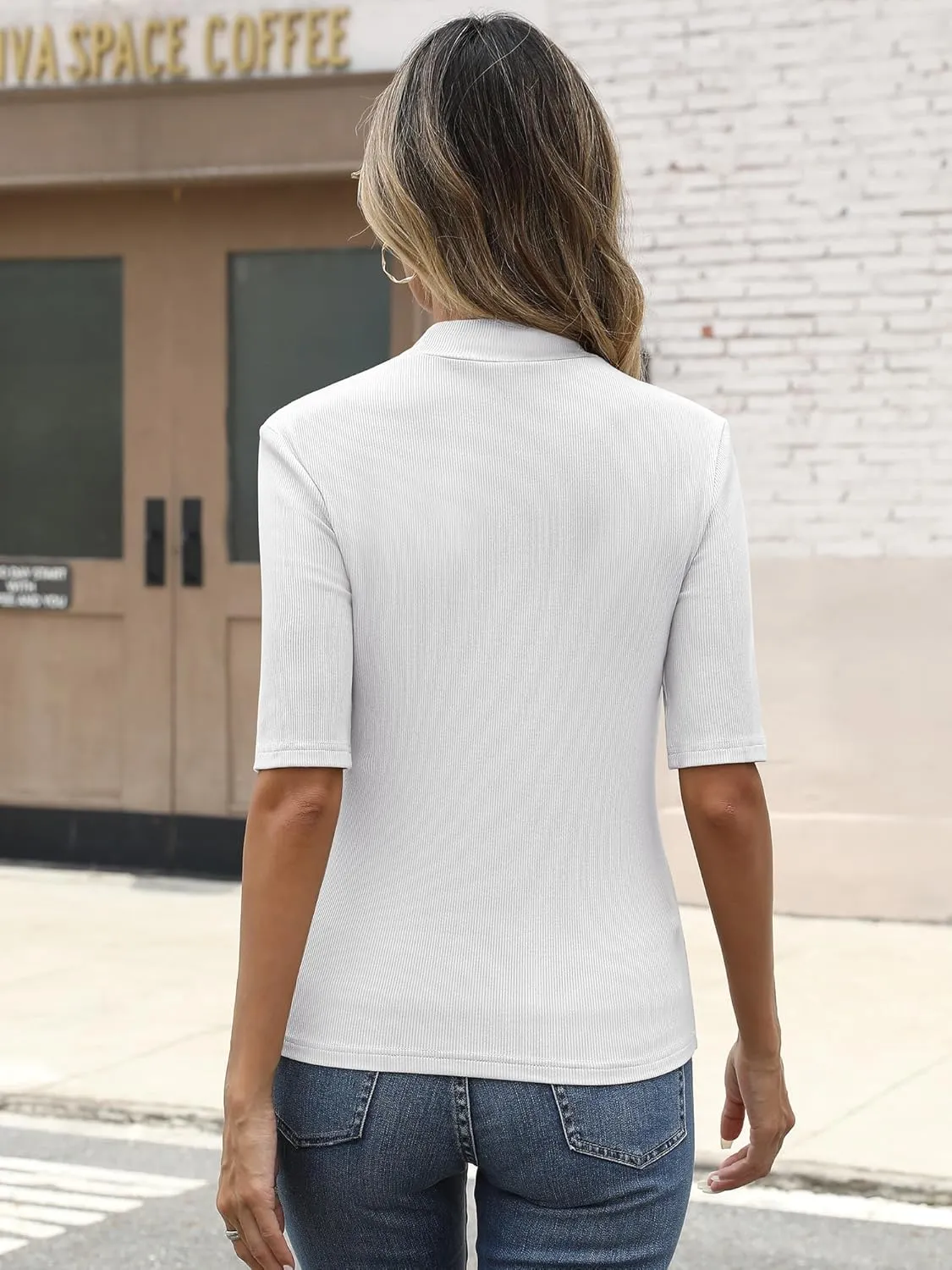 ANRABESS Womens Tops Mock Neck Half Sleeve Shirts Ribbed Knit Slim Fit Basic Tee 2025 Spring Summer Dressy Casual T-Shirts