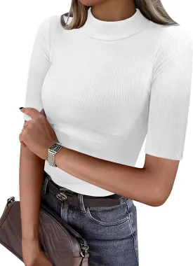 ANRABESS Womens Tops Mock Neck Half Sleeve Shirts Ribbed Knit Slim Fit Basic Tee 2025 Spring Summer Dressy Casual T-Shirts