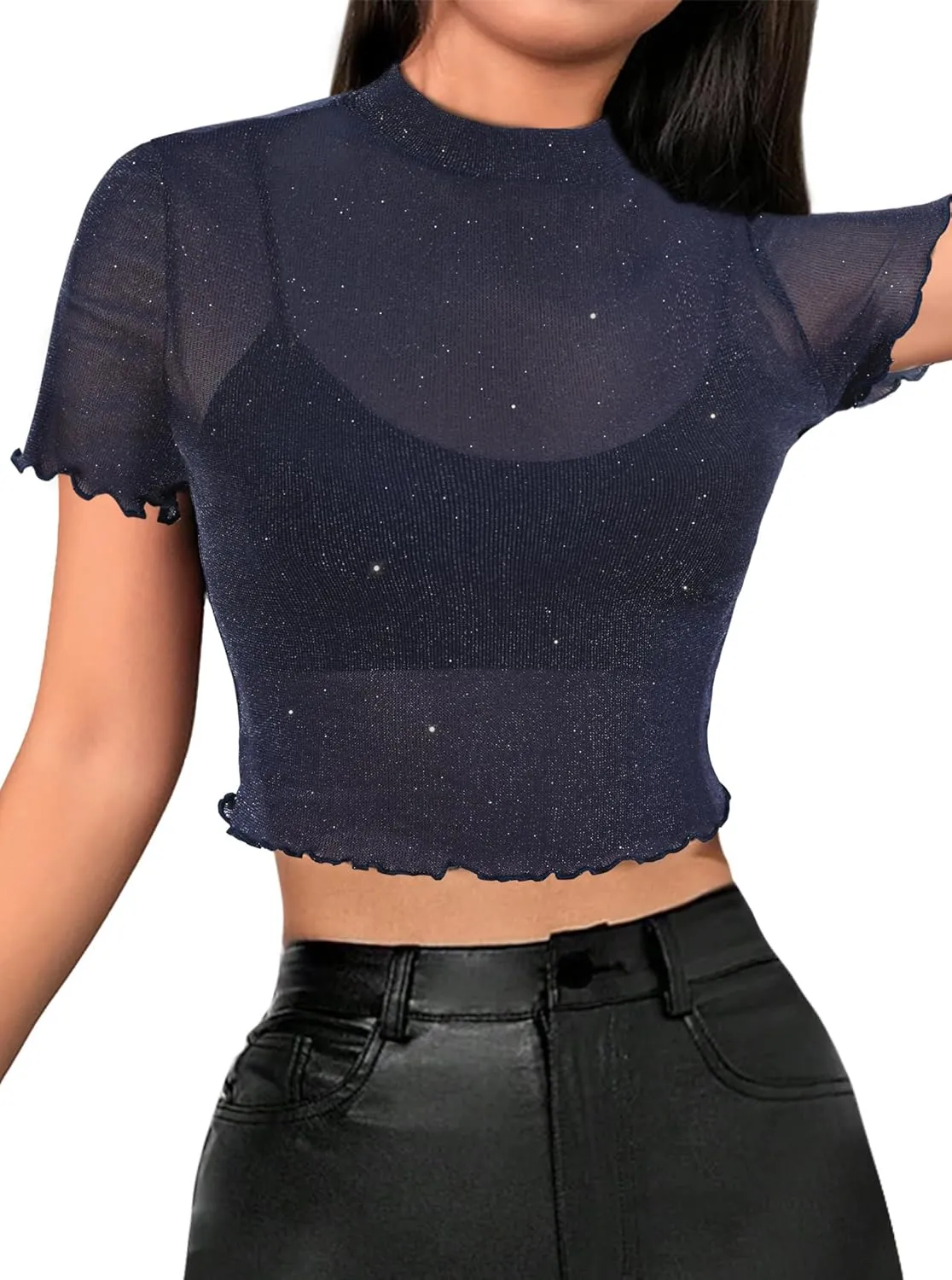 Avanova Women Heart Print Sheer Mesh Crop Top See Through Short Sleeve Sexy Shirt