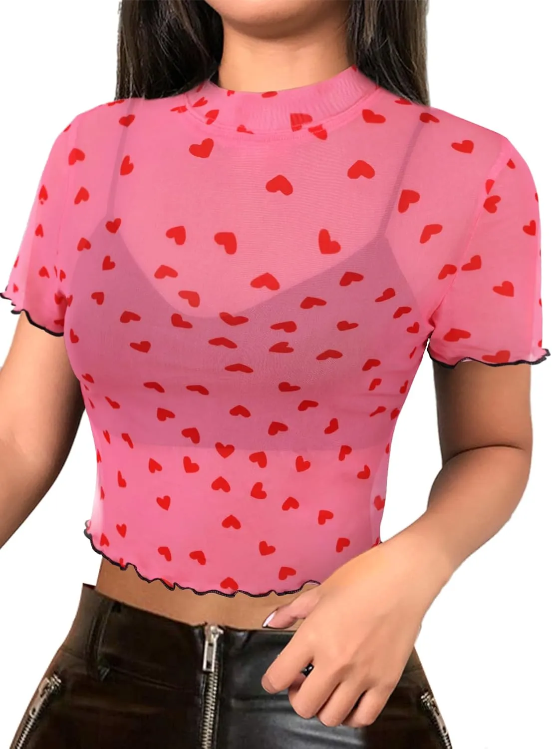 Avanova Women Heart Print Sheer Mesh Crop Top See Through Short Sleeve Sexy Shirt