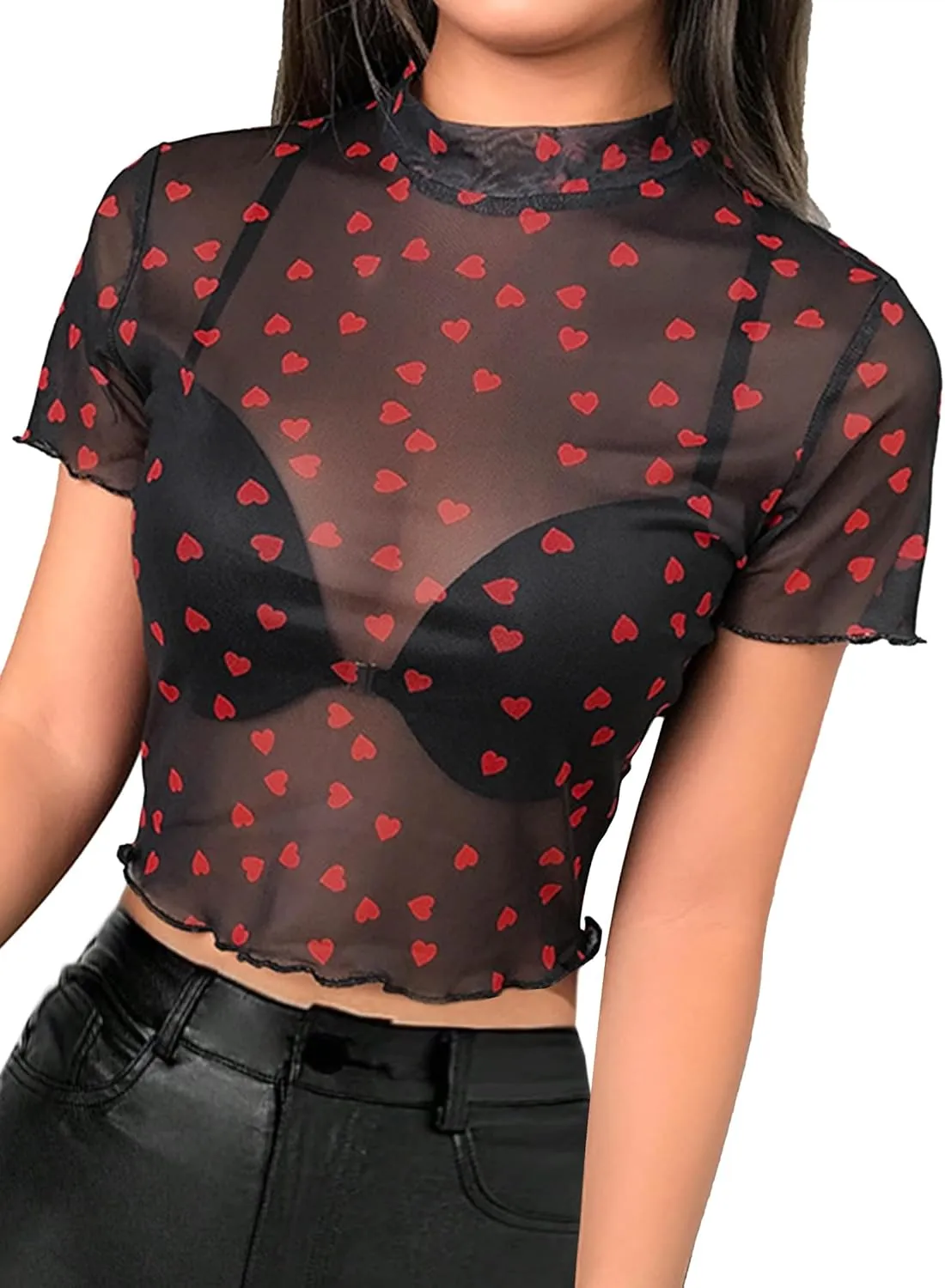 Avanova Women Heart Print Sheer Mesh Crop Top See Through Short Sleeve Sexy Shirt