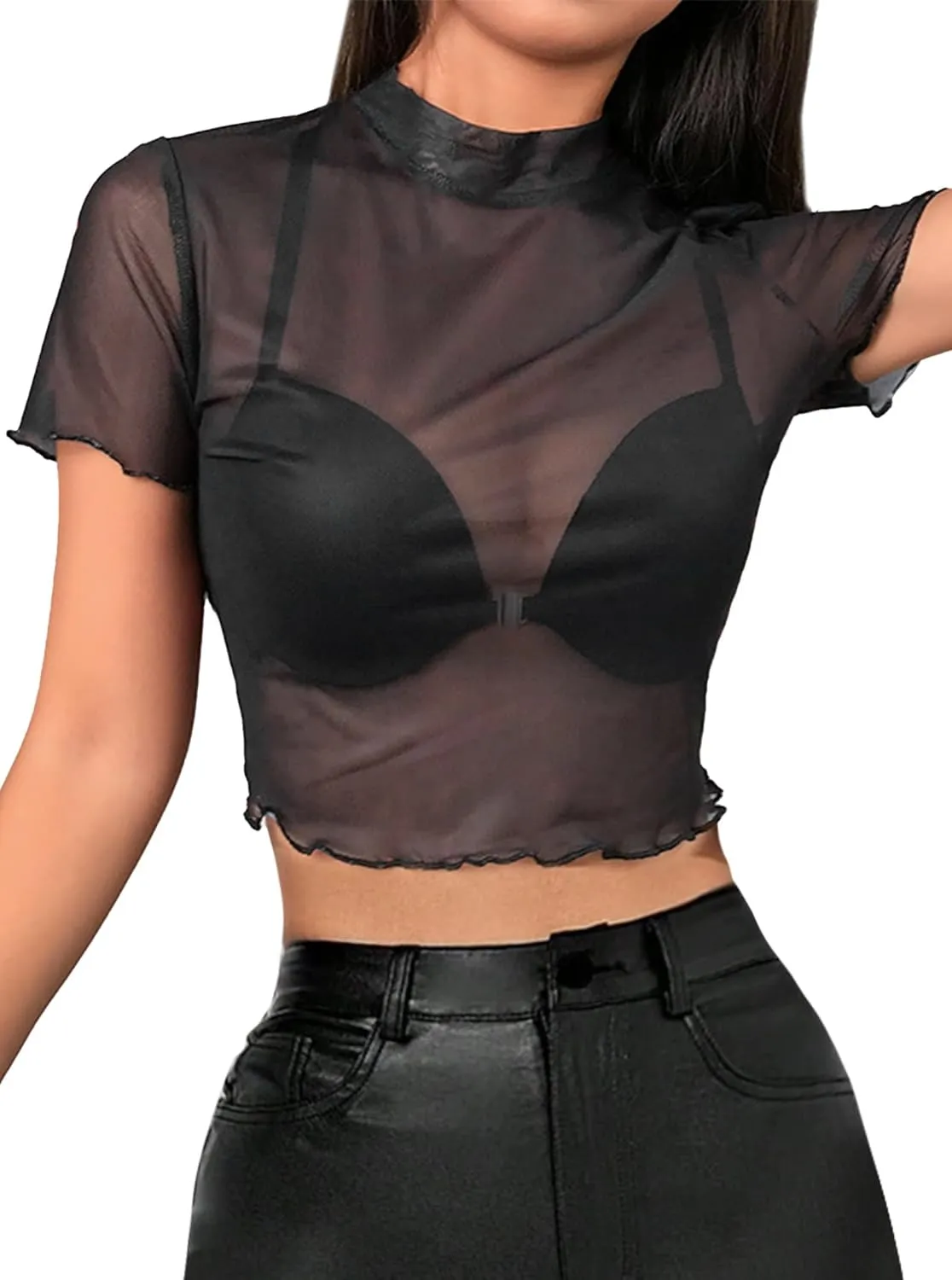 Avanova Women Heart Print Sheer Mesh Crop Top See Through Short Sleeve Sexy Shirt