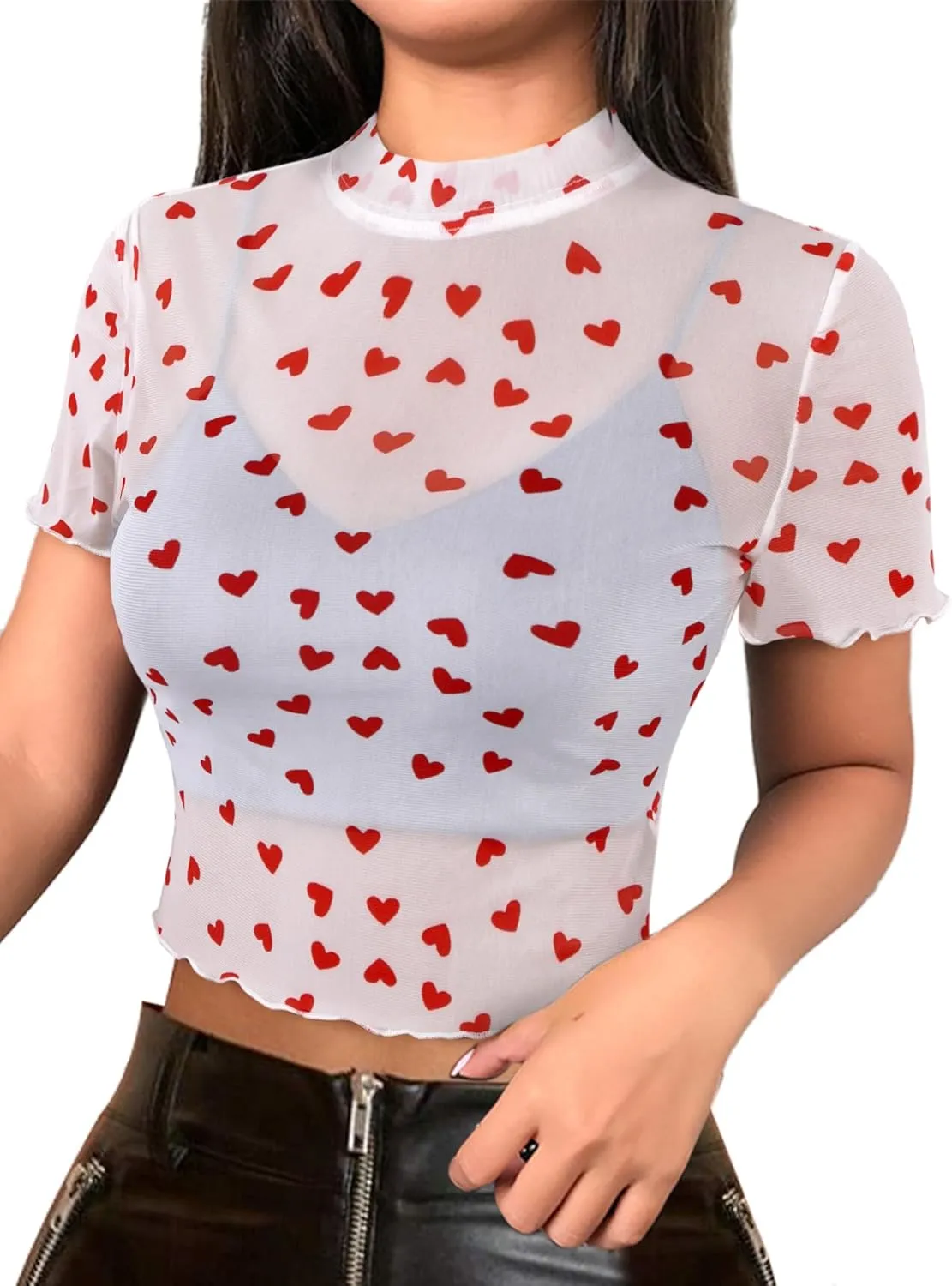 Avanova Women Heart Print Sheer Mesh Crop Top See Through Short Sleeve Sexy Shirt