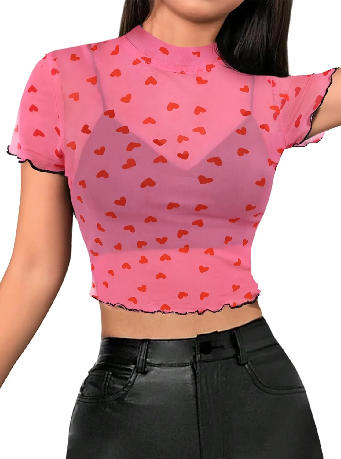 Avanova Women Heart Print Sheer Mesh Crop Top See Through Short Sleeve Sexy Shirt