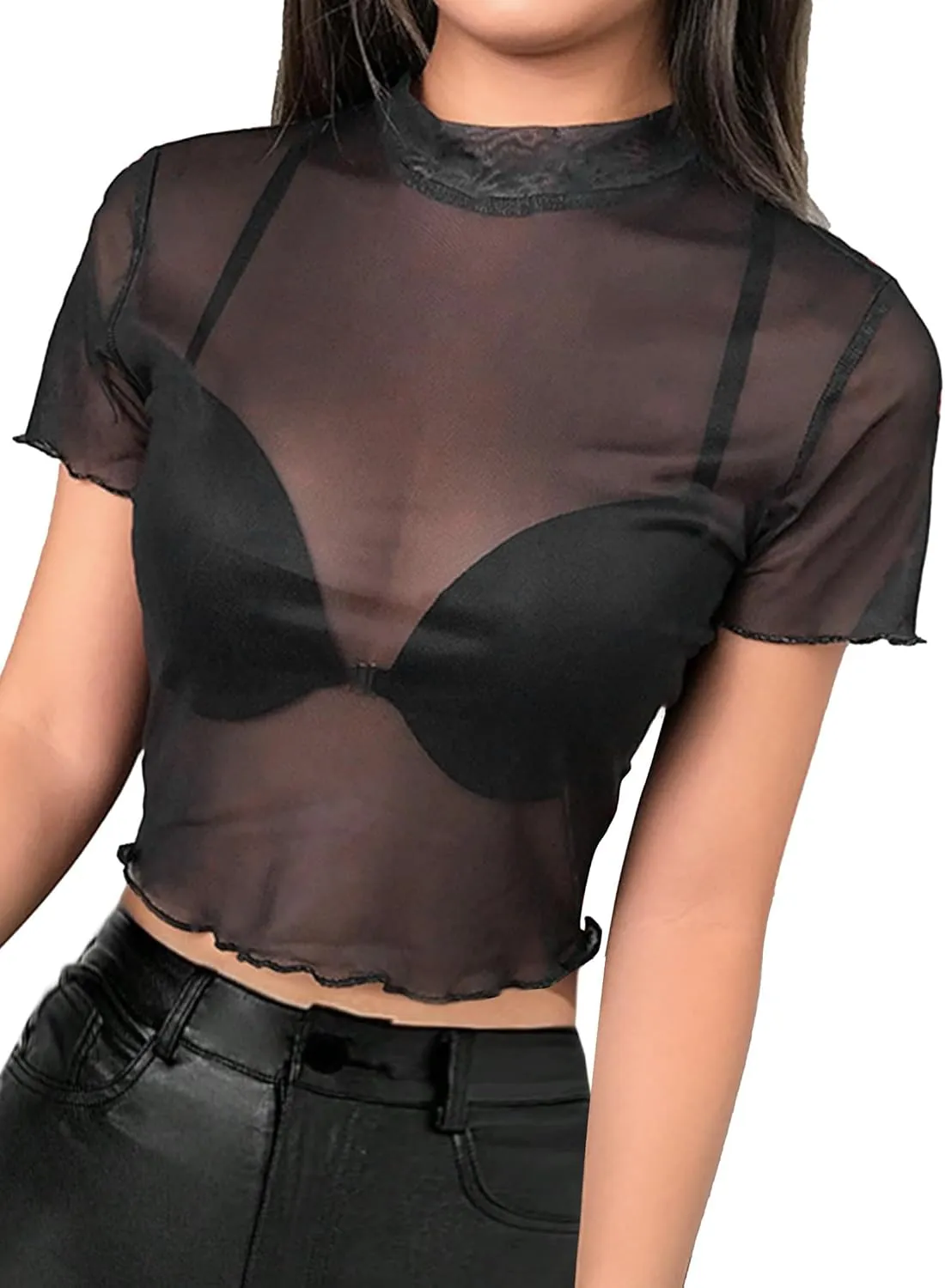 Avanova Women Heart Print Sheer Mesh Crop Top See Through Short Sleeve Sexy Shirt
