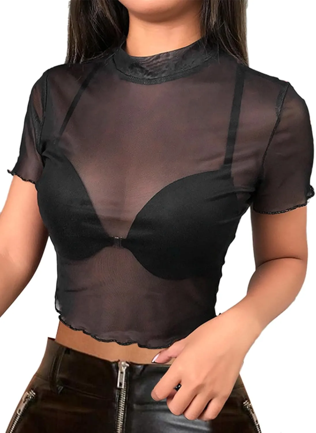 Avanova Women Heart Print Sheer Mesh Crop Top See Through Short Sleeve Sexy Shirt