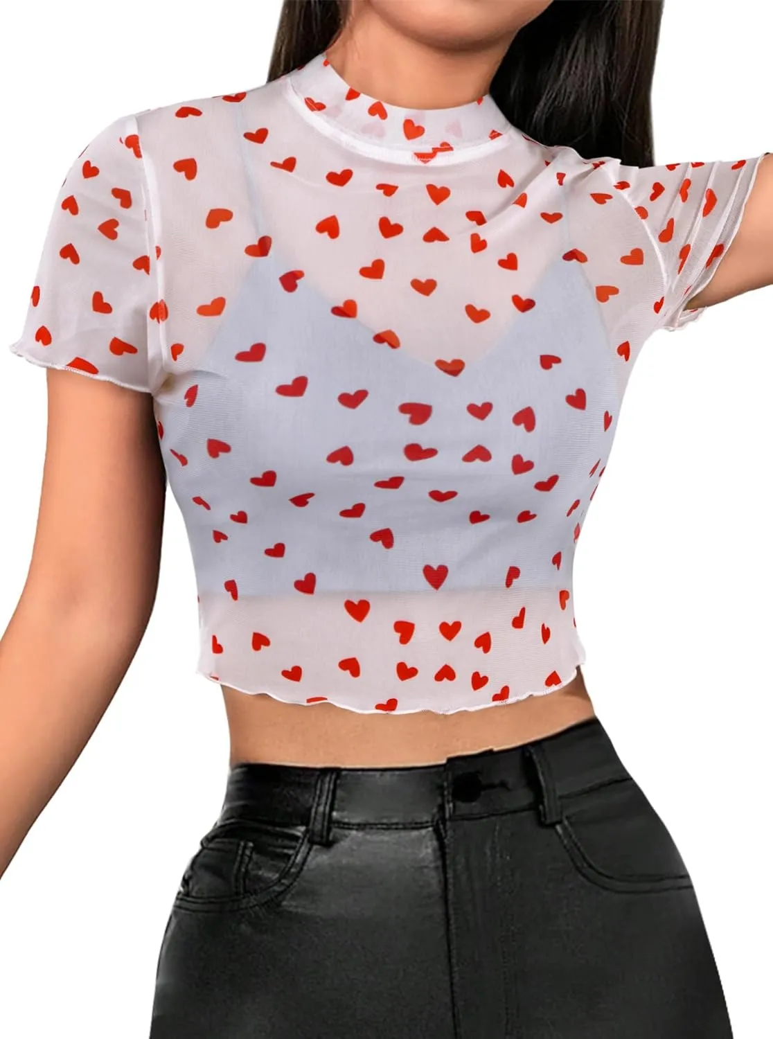Avanova Women Heart Print Sheer Mesh Crop Top See Through Short Sleeve Sexy Shirt
