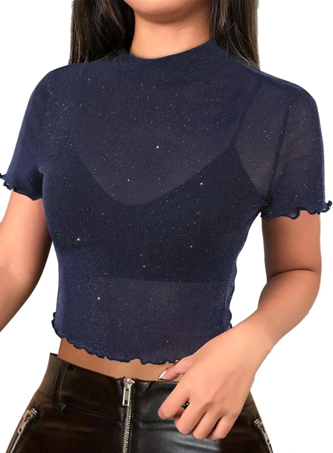 Avanova Women Heart Print Sheer Mesh Crop Top See Through Short Sleeve Sexy Shirt