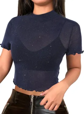 Avanova Women Heart Print Sheer Mesh Crop Top See Through Short Sleeve Sexy Shirt