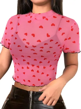 Avanova Women Heart Print Sheer Mesh Crop Top See Through Short Sleeve Sexy Shirt
